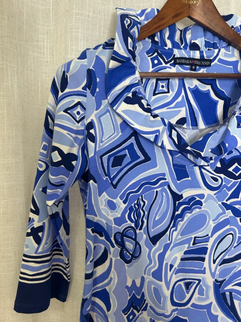 Barbara Erickson Blue Patterned Tunic Ruffle Neck Dress Size Small - Picture 3 of 11